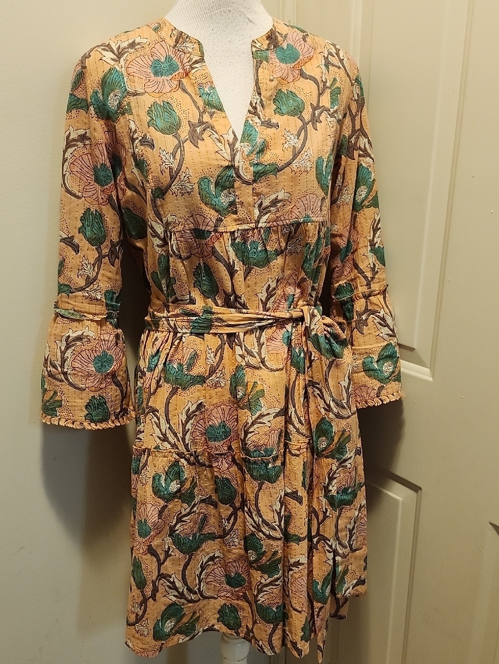 Lola Australia  Dress Peach Teal Floral Fringe Small